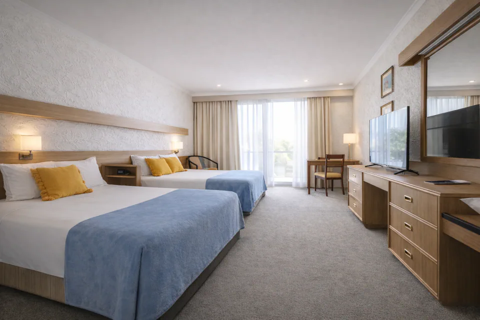 Queen and single beds with blue throws, a desk and television in a ground-floor room
